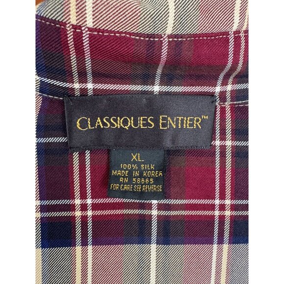 Vintage Classiques Entier 100% Silk Tan Burgundy Tartan Plaid Button Up Shirt XL - Picture 8 of 11
